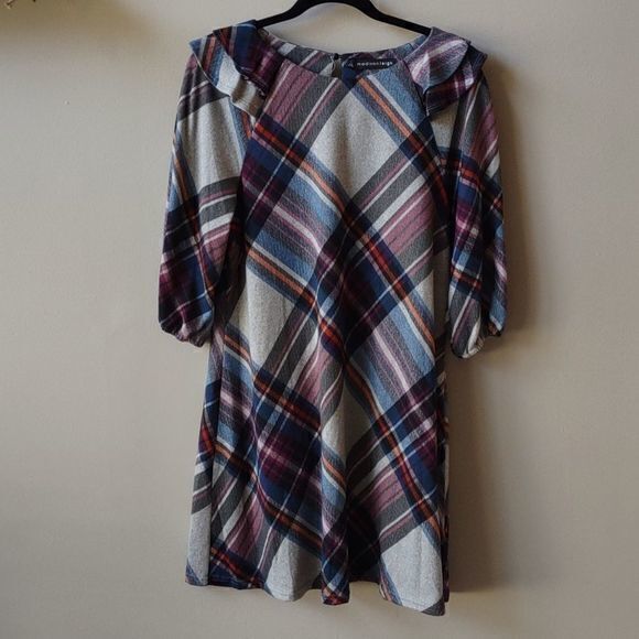 Madison Leigh Plaid‎ Ruffle Shoulder 3/4 Sleeve Swing Dress Sz L - Picture 6 of 12